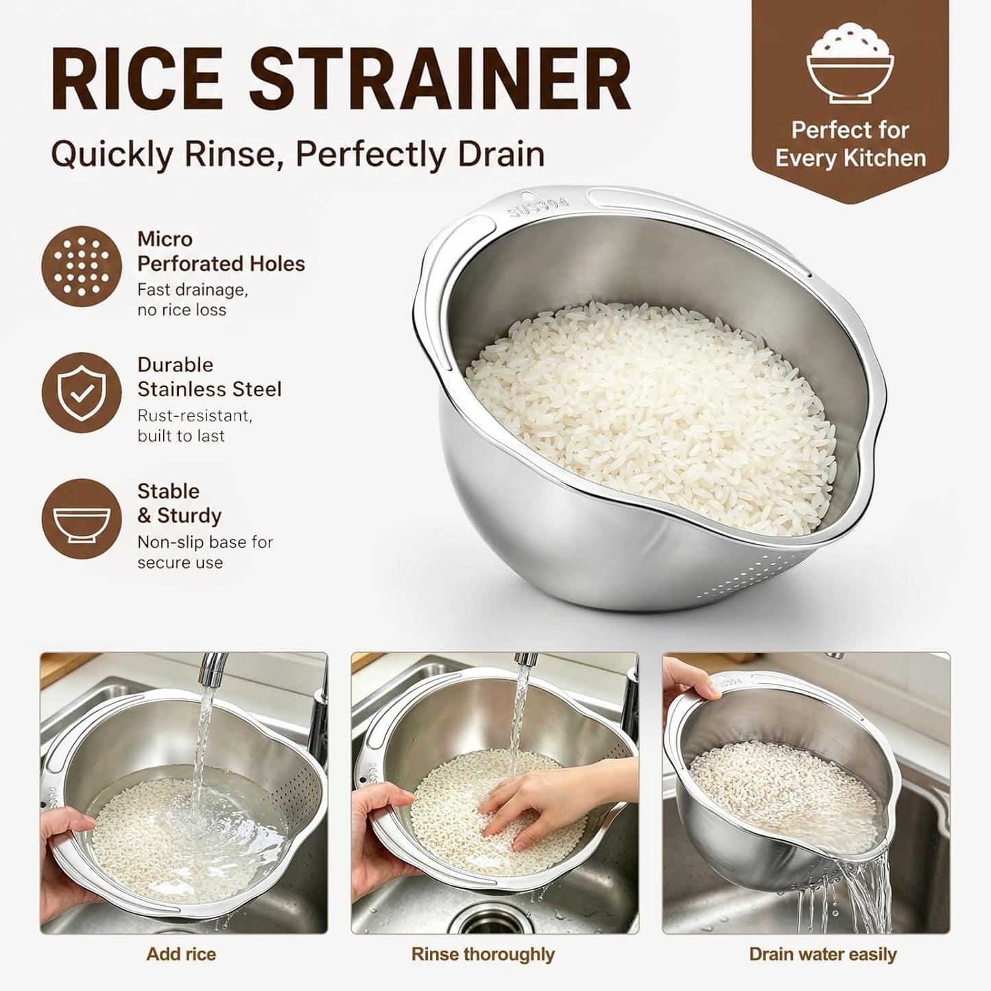 Palksky Rice Strainer & Rice Washing Bowl Stainless Steel - 5.6 Qt Professional Fine Mesh Rice Washer for Kitchen - Heavy Duty Rice Rinser, Cleaner & Drainer Colander for Quinoa, Grains & Fruit
