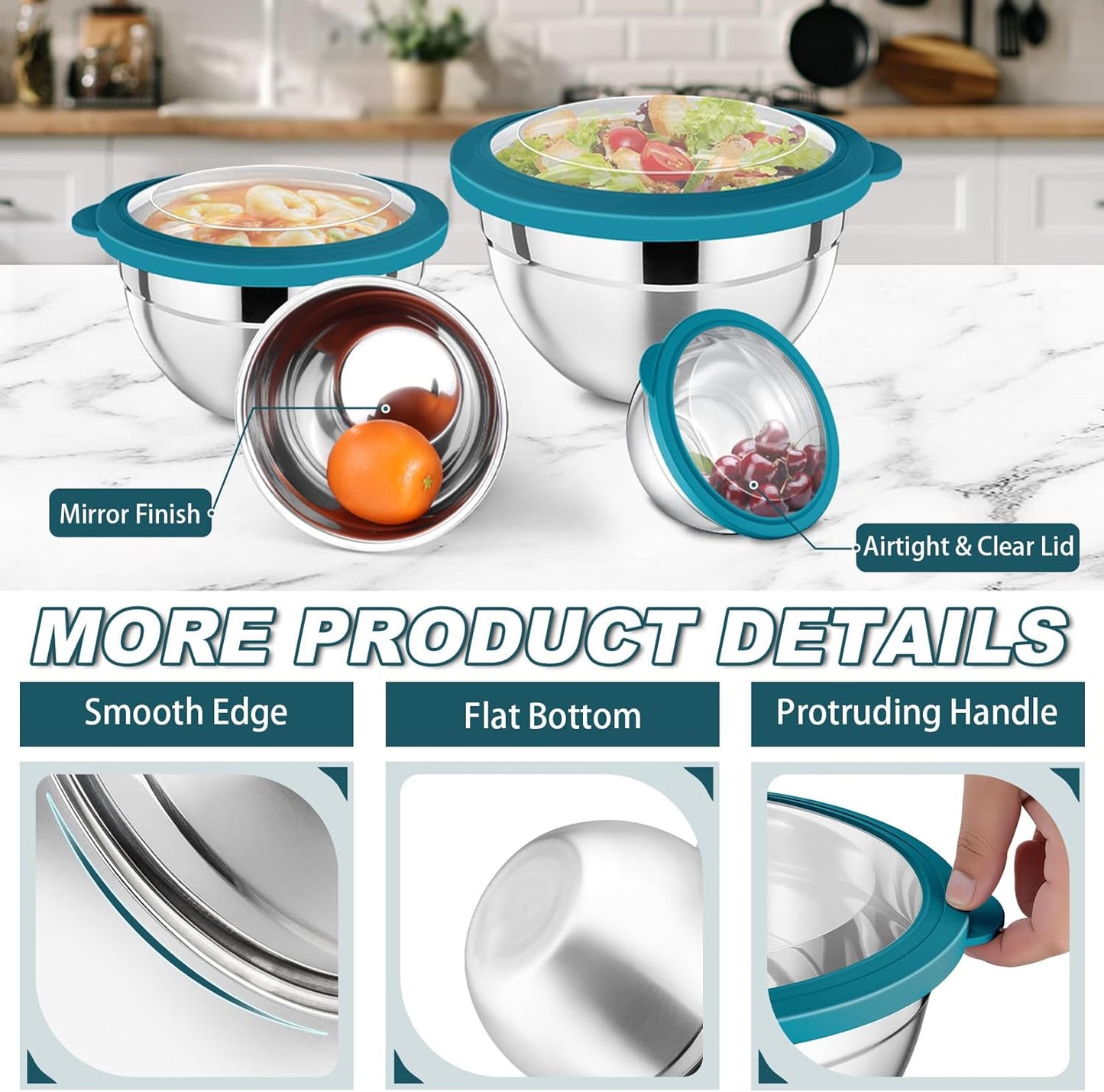 P&P CHEF Mixing Bowl with Lid Set of 7, Stainless Steel Nesting Salad Bowls for Cooking Serving Prepping, Clear Lids & Stackable Design, Size 4.6, 3.5, 3, 2, 1.5, 1, 0.7 Qt - Khaki