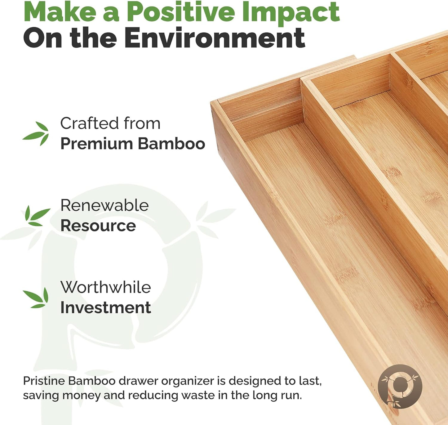 Pristine Bamboo Silverware Organizer - Small Extra-Deep Wooden Kitchen Drawer Organizer Divider for Spoons, Forks, Knives & Cutleries - 5 Slots