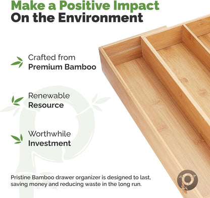 Pristine Bamboo Silverware Organizer - Small Extra-Deep Wooden Kitchen Drawer Organizer Divider for Spoons, Forks, Knives & Cutleries - 5 Slots