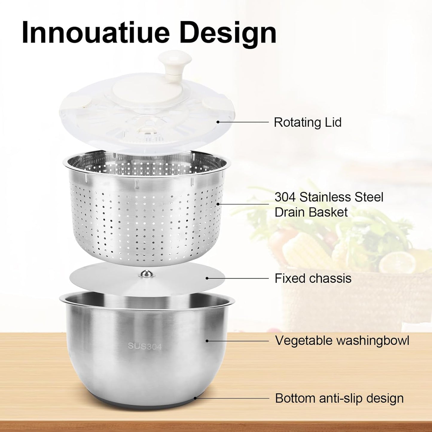 Stainless Steel Salad Spinner, Lettuce Spinner with Drain, fruit washer 6 QT with PP Cover Non-Slip Base, 3-in-1 Vegetable Wash Bowl for Dehydrating Lettuce, Fruits and Vegetables, Pasta