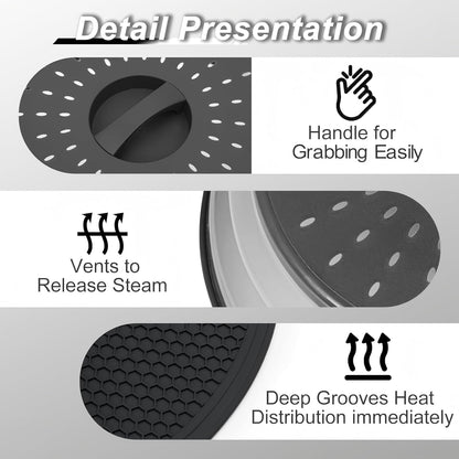 Collapsible Microwave Splatter Cover for Food, Vented Microwave Plate Cover Lid 10.5 inch, BPA-Free Silicone & Plastic, Dishwasher Safe, Multipurpose Colander for Fruit Vegetable, Black