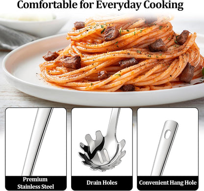 Stainless Steel Pasta Spoon with Teeth Pasta Server & Spaghetti Spoon with Drain Holes for Noodles, Pasta, Cooking & Serving (Silver)