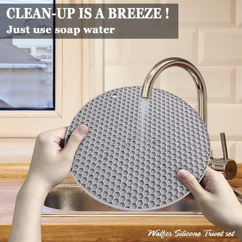 Walfos Silicone Trivet Mats - 4 Heat Resistant Pot Holders, Multipurpose Non-Slip Hot Pads for Kitchen Potholders, Hot Dishers, Jar Opener, Spoon Holder, Food Grade Silicone & BPA Free (Black)