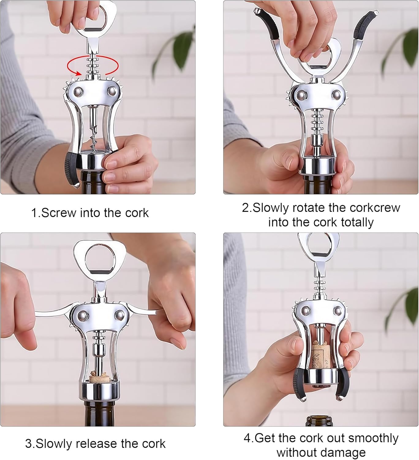 Wine Opener Zinc Alloy Premium Wing Corkscrew Multifunction Bottle Opener Ergonomic Non Slip Wing Handle Sharp Spiral Upgraded European Style