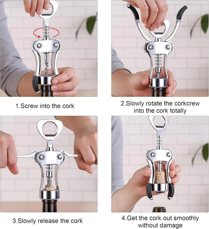 Wine Opener Zinc Alloy Premium Wing Corkscrew Multifunction Bottle Opener Ergonomic Non Slip Wing Handle Sharp Spiral Upgraded European Style