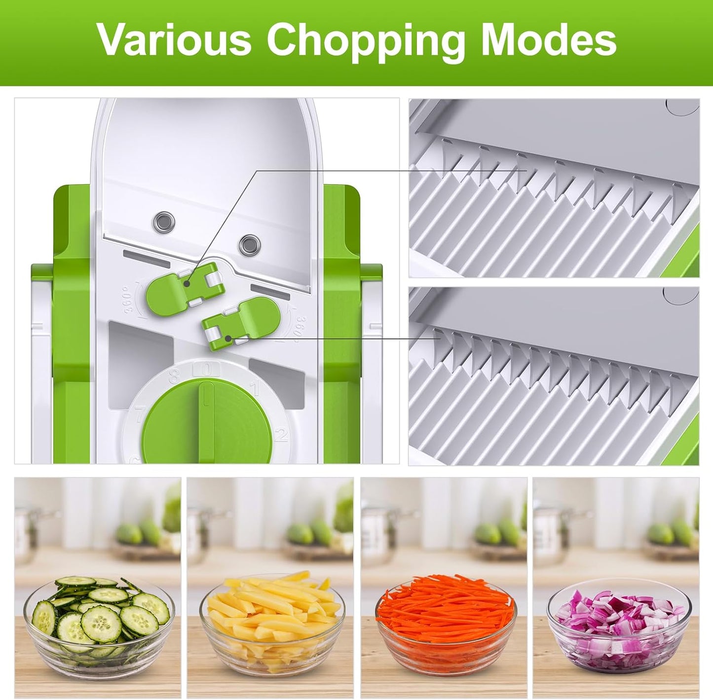 Safe Mandoline Slicer for Kitchen, Adjustable Thickness 0.1-8 mm, 5 in 1 Multi Vegetable Chopper, Potato Slicer, Food Chopper French Fry Cutte, Paring Knife/Cleaning Brush, Mandolin (BlackKnight)