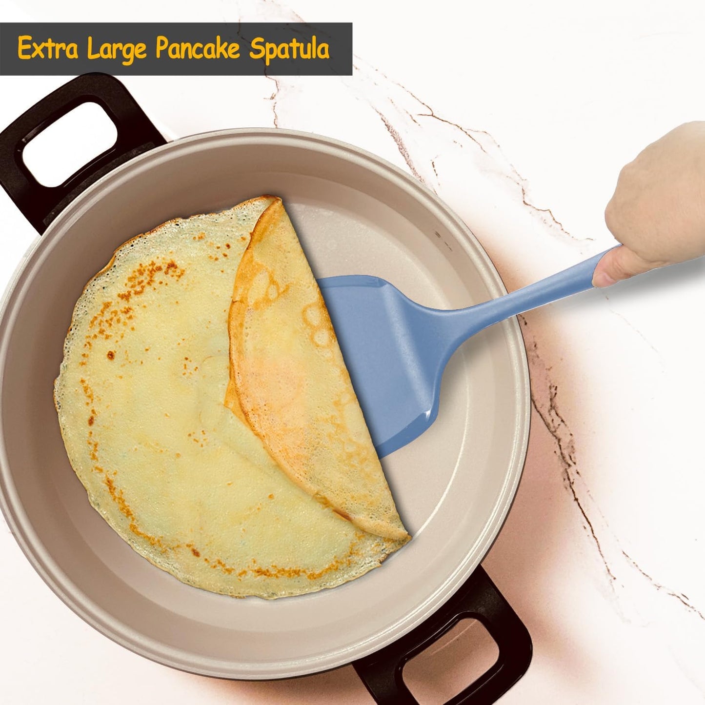 Silicone Pancake Spatula Turner with Lengthened Handle& Seamless Design, Heat Resistant Slotted Flipper for Nonstick Cookware, Large Flexible Kitchen Utensils for Egg, Pancake, Burger, Slotted Black