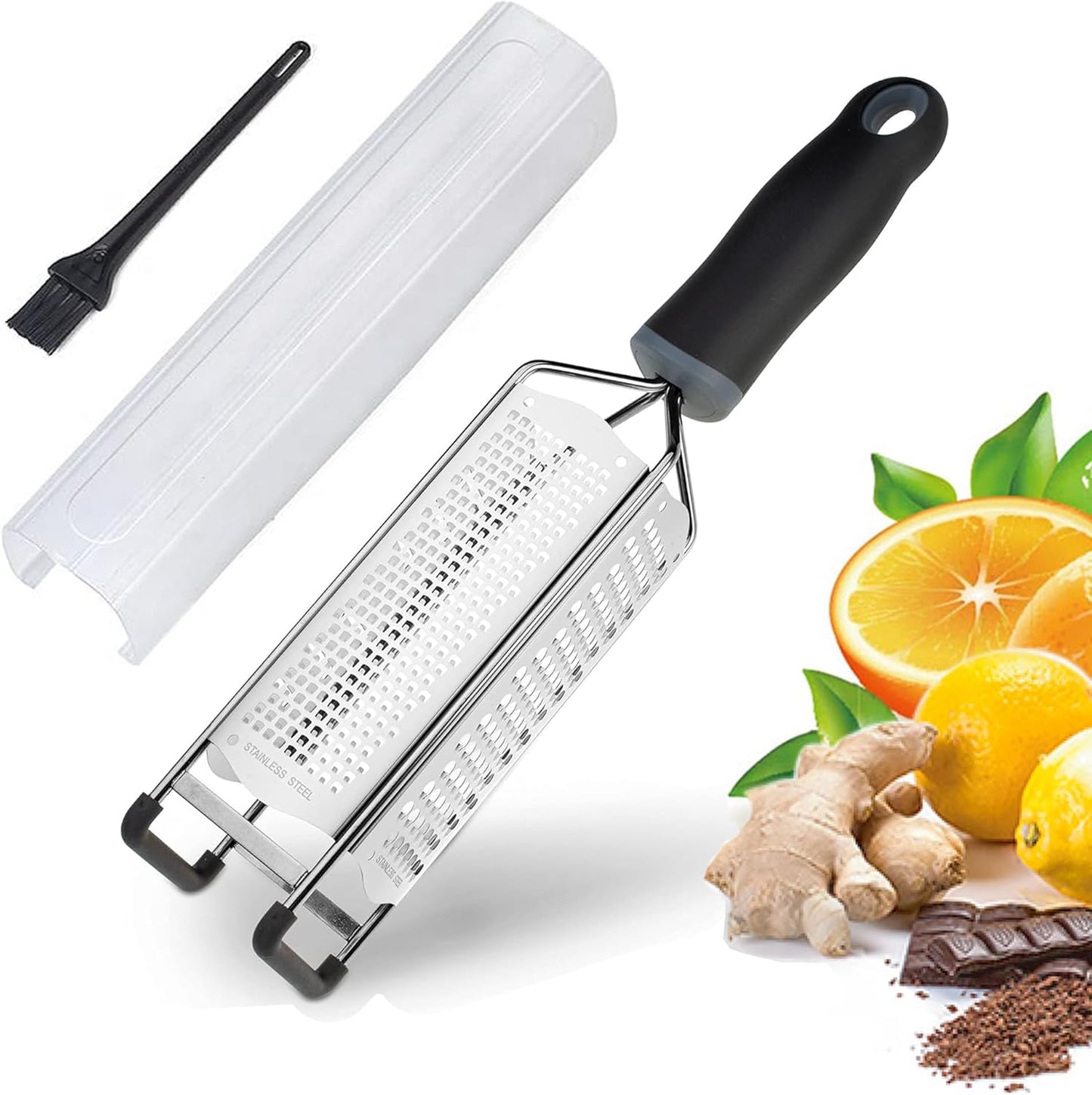 Lemon Zester, Stainless Steel Kitchen Cheese Grater, Plastic Cover Ergonomic Soft Black Handle