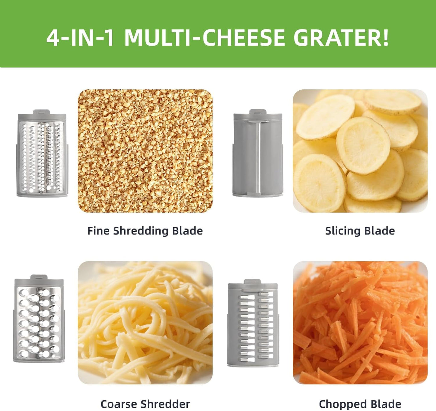 Electric Cheese Grater and Vegetable Slicer, 4 in 1 Salad Maker with Stainless Steel Blades, One-Touch Control Multifunctional Rotary Cutter for Potatoes Carrots Cucumbers Fruits Salad etc.