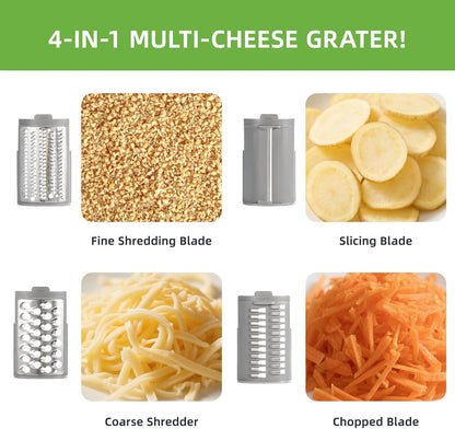 Electric Cheese Grater and Vegetable Slicer, 4 in 1 Salad Maker with Stainless Steel Blades, One-Touch Control Multifunctional Rotary Cutter for Potatoes Carrots Cucumbers Fruits Salad etc.