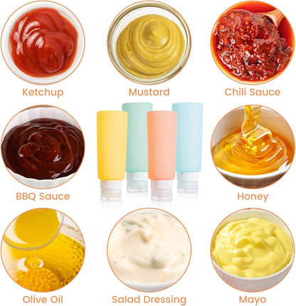 MICEBAY Condiment Squeeze Bottles for Sauces, 2-oz Mini Silicone Salad Dressing Container to Go with Reusable Sandwich Bag, Leakproof Ketchup Bottle for Bento Lunch Box, 4 Pack, Candies