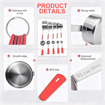 Bopei Measuring Cups and Spoons Set Stainless Steel 10 Piece for Cooking and Baking (5 Cups + 5 Spoons, Colorful Handles)