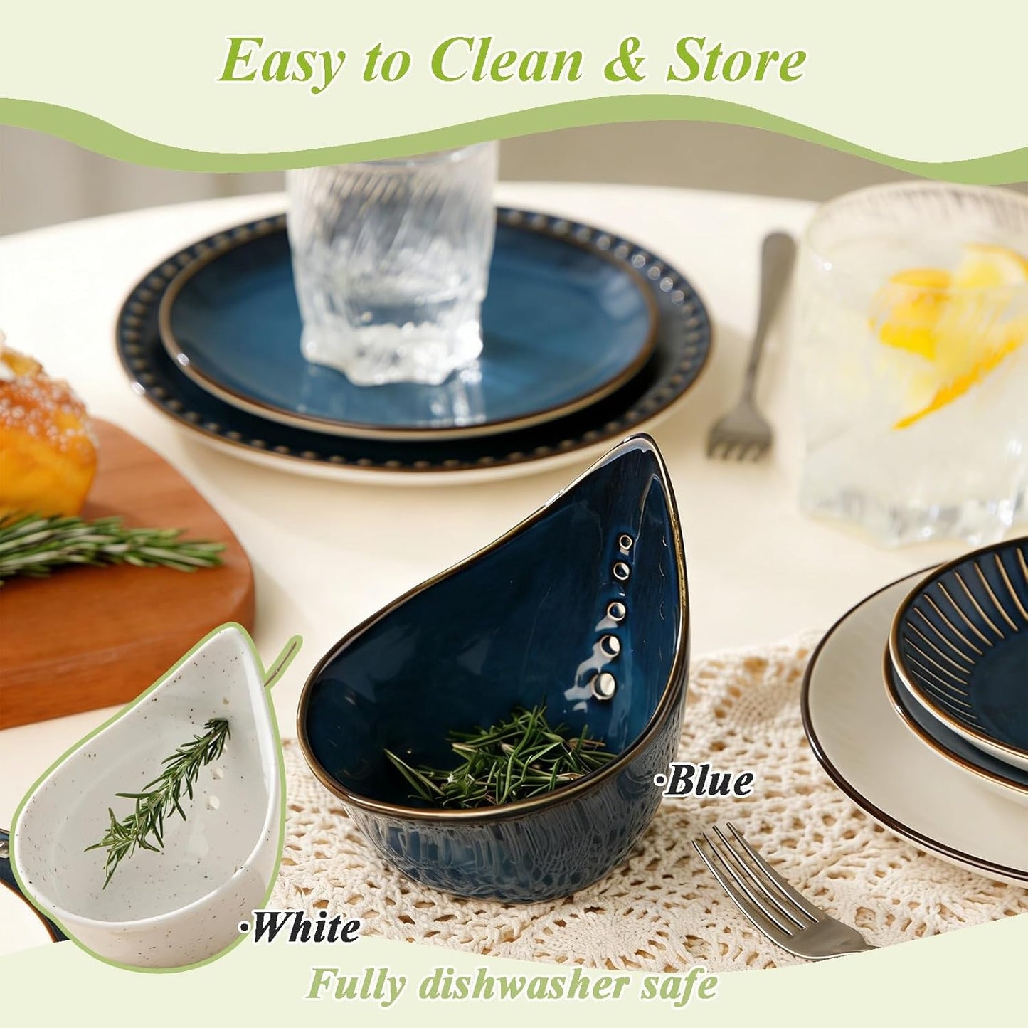 Pottery Herb Stripper Bowl, Teardrop Shaped Ceramic Herb Stripper, Handmade Leaf Remover with Different Sized Round Holes for Parsley, Cilantro, Rosemary & Salad Cooking(Blue)