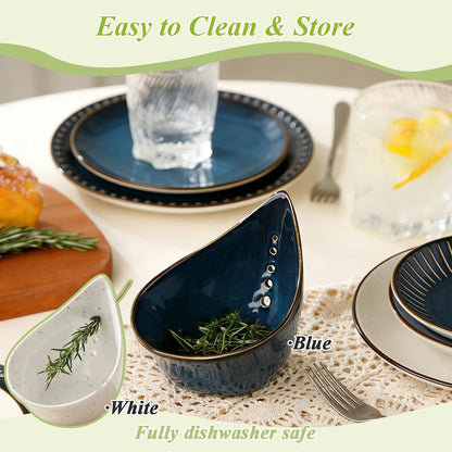 Pottery Herb Stripper Bowl, Teardrop Shaped Ceramic Herb Stripper, Handmade Leaf Remover with Different Sized Round Holes for Parsley, Cilantro, Rosemary & Salad Cooking(Blue)