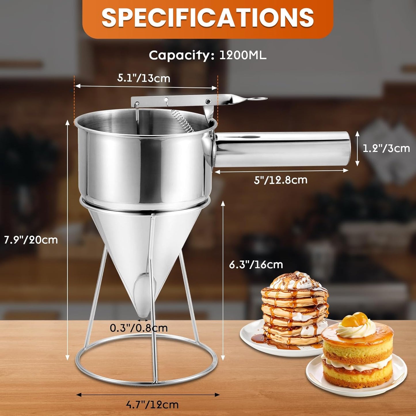 1200ML/40OZ Stainless Steel Pancake Batter Dispenser, Piston Funnel Dispenser with Stand Detachable Handle for Takoyaki Baking Cake Desserts with 4PCS Nozzles