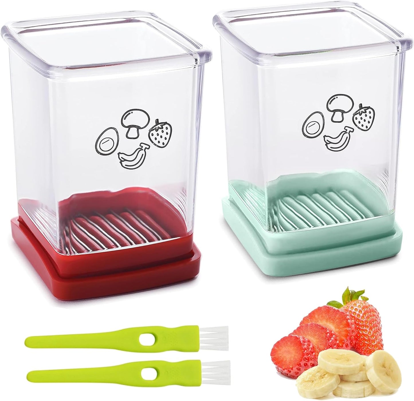 2 Pcs Strawberry Slicer | Fruit Slicer Cup, Strawberry Cutter with Push Plate, Speed Fruit Cutter for Banana Grape Egg, Must Have Kitchen Gadget (Red)
