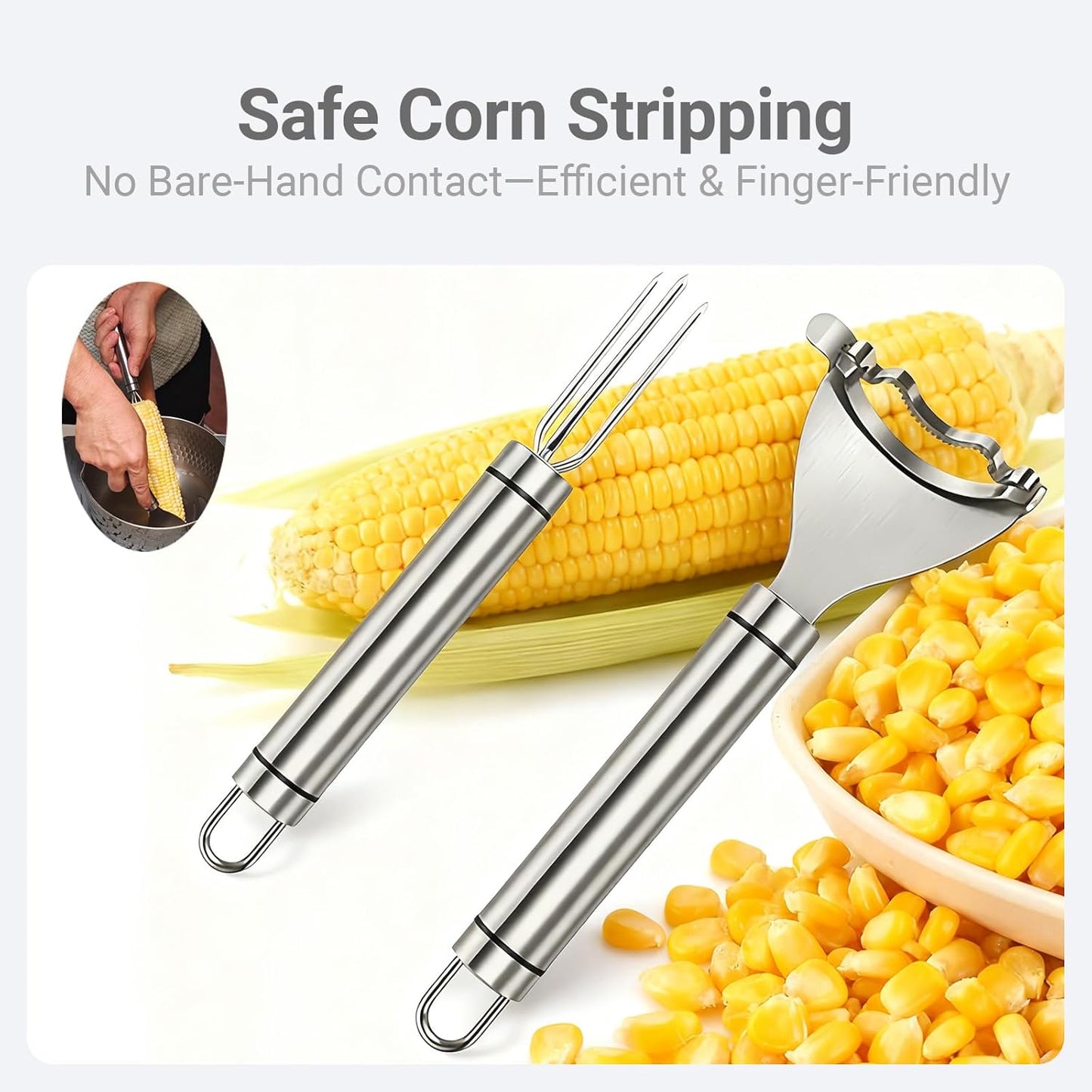 2 Pcs Stainless Steel Corn Peeler and Holder Set – Use Together for Safer Grip and Hand Protection, Easy Corn on the Cob Tool