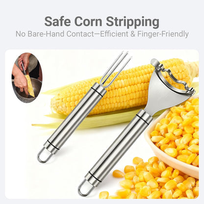 2 Pcs Stainless Steel Corn Peeler and Holder Set – Use Together for Safer Grip and Hand Protection, Easy Corn on the Cob Tool