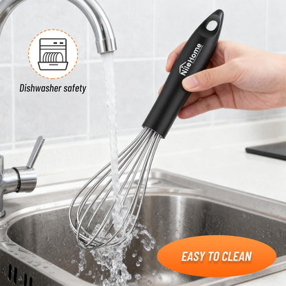 NileHome Silicone Whisk Set 8" 10" 12" Kitchen Whisk Kitchen Wisk Wire Whisks for Cooking, Whisking, Blending, Beating, Stirring-Black 3 Pack