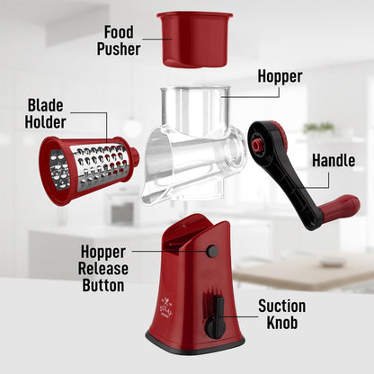 Zulay Kitchen Rotary Cheese Grater 5 Blade Cheese Shredder - Manual Hand Crank Cheese Grater With Reinforced Suction & 5 Interchangeable Drums - Easy to Use, Vegetable Chopper Round Mandoline Slicer - Colors B