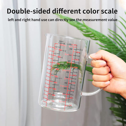 77L Glass Measuring Cup, [Insulated handle, V-Shaped Spout], High Borosilicate Glass Measuring Cup for Kitchen or Restaurant, Easy To Read, 500 ML (0.5 Liter, 2 Cup)