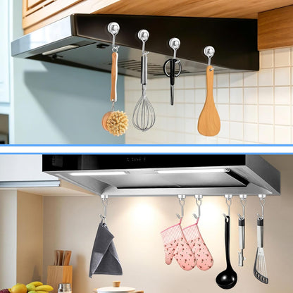Measuring Cup and Spoon Organizer, 12 Pack 30lbs Strong Magnetic Hooks Hanging Cups and Spoons, Magnetic Kitchen Hooks Utensil Hanger Holder for Refrigerator, Cruise Cabins, Garage Silver