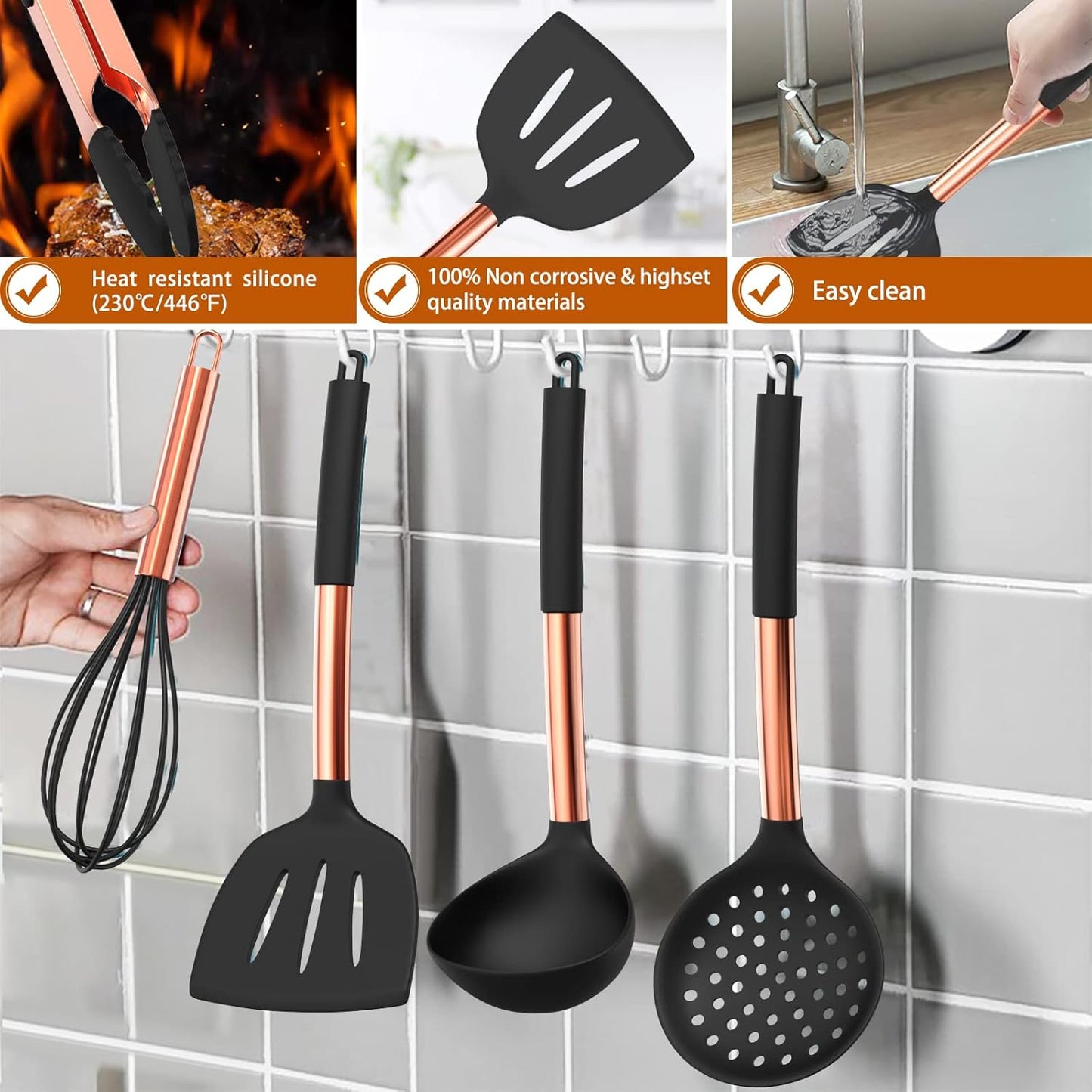 Silicone Cooking Utensil Set, Umite Chef 15pcs Silicone Cooking Kitchen Utensils Set, Non-stick - Best Kitchen Cookware with Stainless Steel Handle - Black Kitchen Utensils