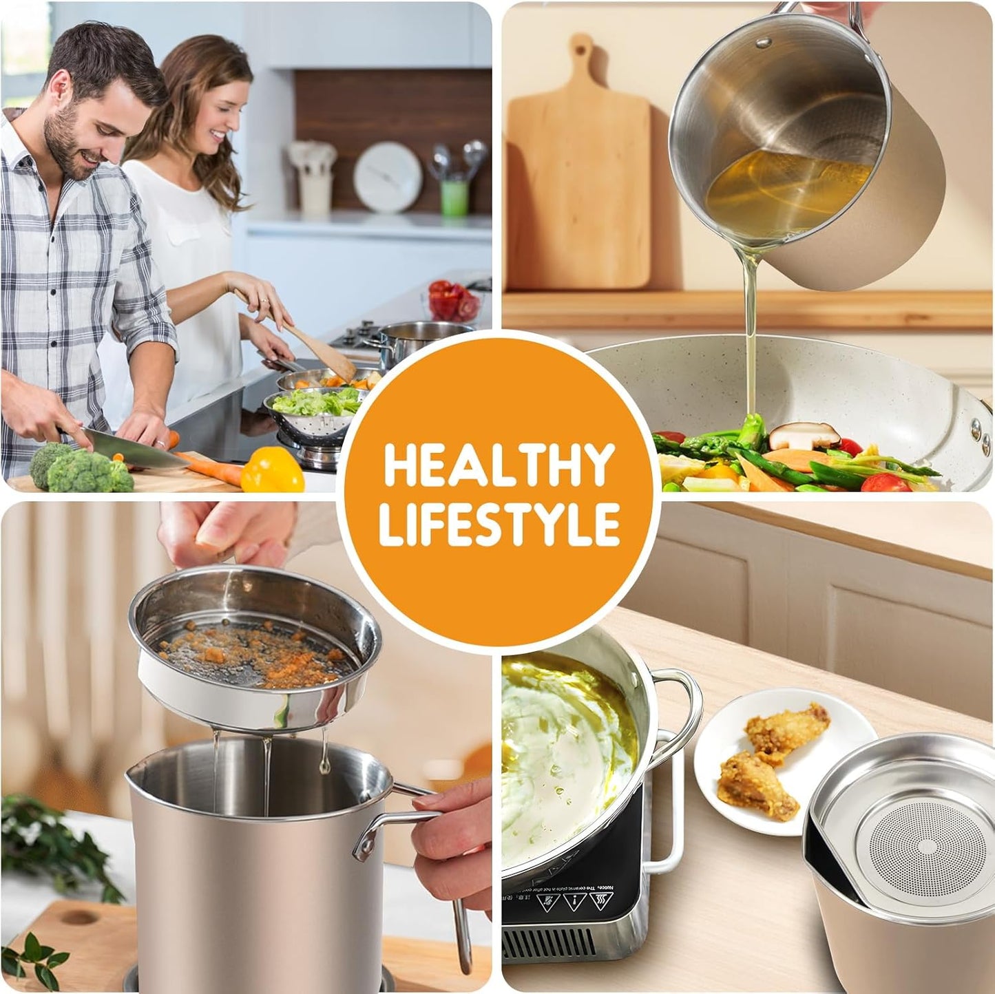 Chihee Grease Container Stainless Steel Bacon Grease Saver with Fine Mesh Strainer 2L / 67.6 fl oz Cooking Oil Keeper Stoarge Can with Dust-proof Lid Non-slip Tray for Kitchen Frying