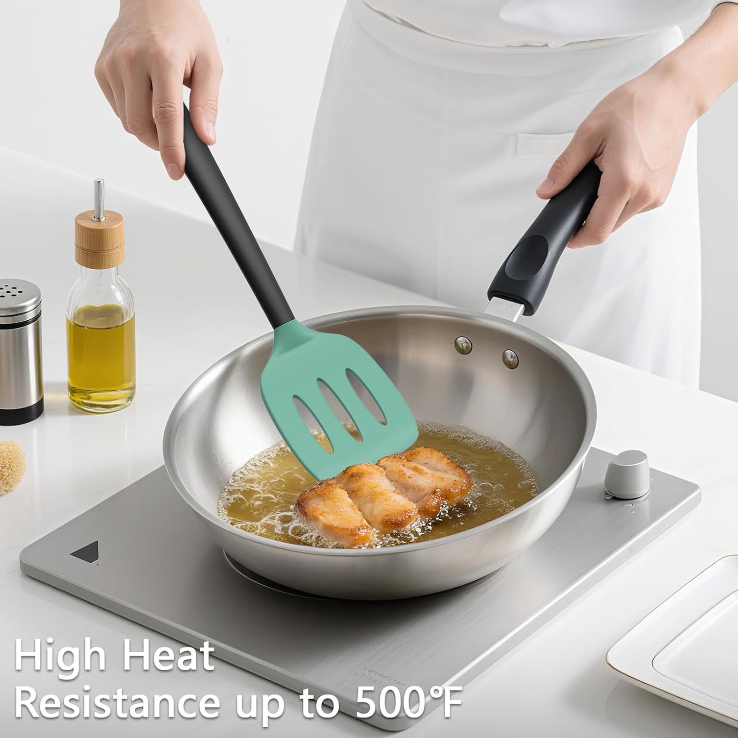 Coukre 3 Pack Silicone Spatula Set, High Heat Resistant, BPA-Free, Fish Spatula, Solid & Slotted Turner for Non-Stick Pans, Flipping Eggs, Pancakes, Fish, Burgers (3, PureBlack)