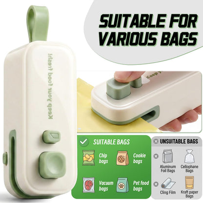 2 in 1 Mini Bag Sealer, Rechargeable Heat Sealer with Cutter and Magnet, Portable Chip Bag Resealer for Food Storage Snacks Freshness (Green)