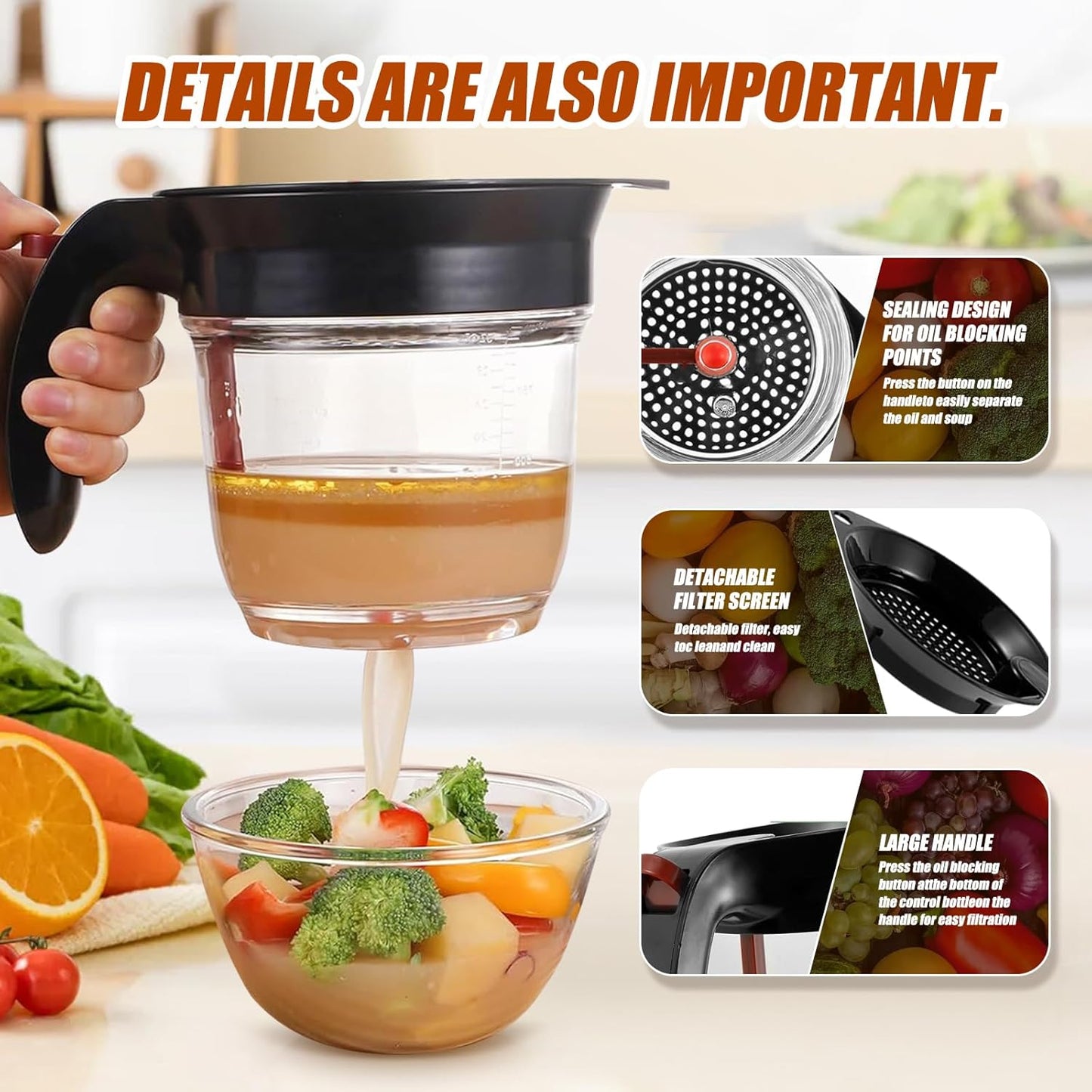Fat Separator With Bottom Release, 4 Cup Gravy Separator For Cooking With Oil Strainer,Oil Separator For Cooking, Kitchen Gadgets Fat Separator