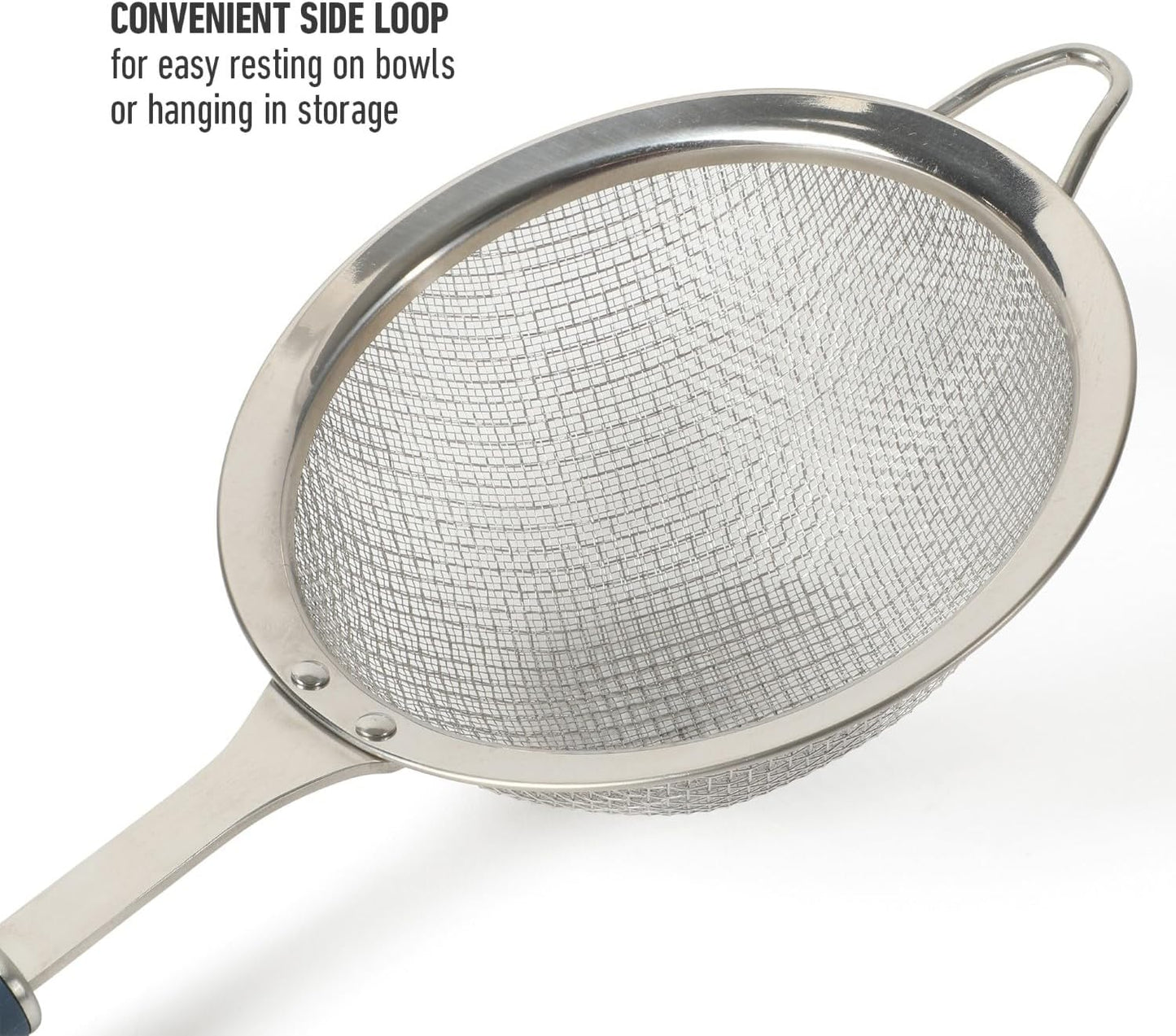 Calphalon Edge Stainless Steel Strainer, Fine Mesh Kitchen Colander Strainer with Thermoplastic Rubber Handle, Sifter for Rinsing, Draining & Straining Food, Navy