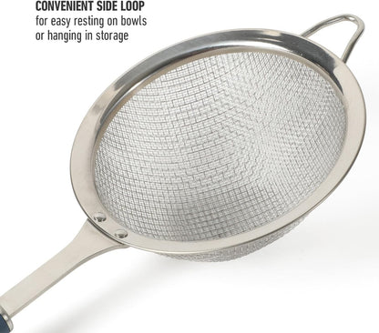 Calphalon Edge Stainless Steel Strainer, Fine Mesh Kitchen Colander Strainer with Thermoplastic Rubber Handle, Sifter for Rinsing, Draining & Straining Food, Navy