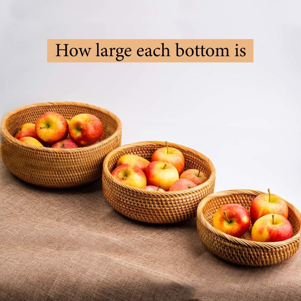 Woven Fruit Basket For Holder Bowl Decorative Bread Vegetable, Serving Bowl Set of 3 For Organizing Kitchen Natural Rattan Picnic Basket Round Stackable (Natural)