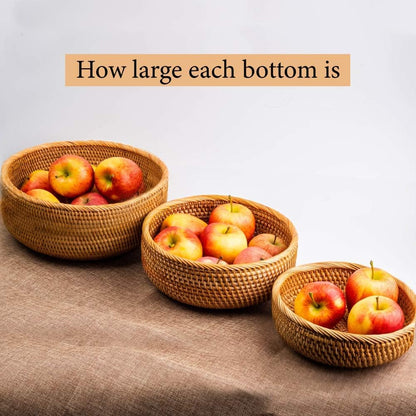 Woven Fruit Basket For Holder Bowl Decorative Bread Vegetable, Serving Bowl Set of 3 For Organizing Kitchen Natural Rattan Picnic Basket Round Stackable (Natural)