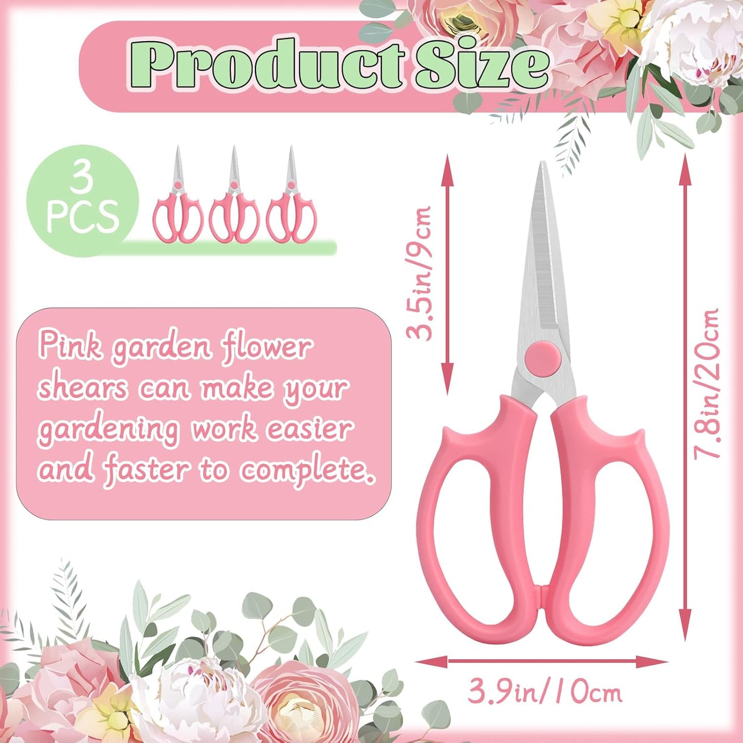 3 Pcs Garden Scissors Floral Shears,Professional Floral Scissors with Comfortable Grip Handle,Premium Garden Pruning Shears for Plants Trimming and Fruit Picking Trimming,Pink