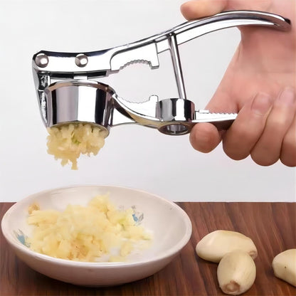 5-in-1 Stainless Steel Garlic Press, Multi-Function Kitchen Gadget with Mincer, Crusher, Bottle Opener, Pit Remover