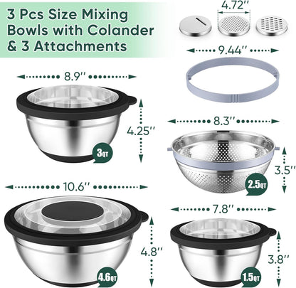 P&P CHEF Mixing Bowls with Lids Set of 3, Stainless Steel Mixing Bowl and Colander for Kitchen, 3 Grater Attachments & Non-Slip Bottoms, Visible & Airtight Lid, Khaki