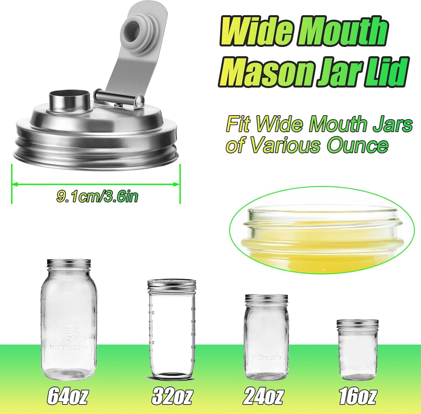 Mason Jar Pour Spout Lid Stainless Steel with Handle, Wide Mouth Pour Spout Flip Cap Lids for Mason Jars, Anticracking Leak Proof Seal Cover Airtight for Drinking Salad Dressing & Food Storing(2PCS)