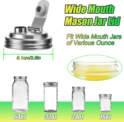 Mason Jar Pour Spout Lid Stainless Steel with Handle, Wide Mouth Pour Spout Flip Cap Lids for Mason Jars, Anticracking Leak Proof Seal Cover Airtight for Drinking Salad Dressing & Food Storing(2PCS)