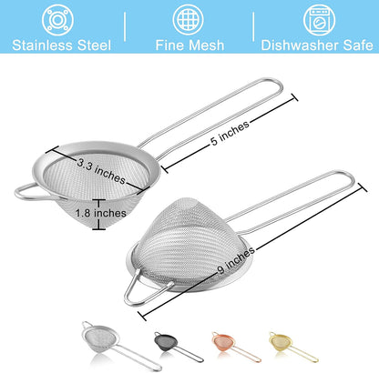 TeamFar Fine Mesh Strainer Set of 2, 3.3’’ Stainless Steel Small Conical Cone Mesh Tea Strainer for Cocktails Coffee Juice Tea, Healthy & Easy Clean, Long Handle & Hanging Loop, Silver