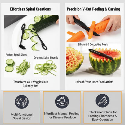 Spiral & V-Shaped Fruit Cutter Set - Manual Vegetable Spiralizer and Julienne Peeler for Healthy Zoodles, Curly Fries - Kitchen Gadget for Spiral, Straight & Wavy Cuts