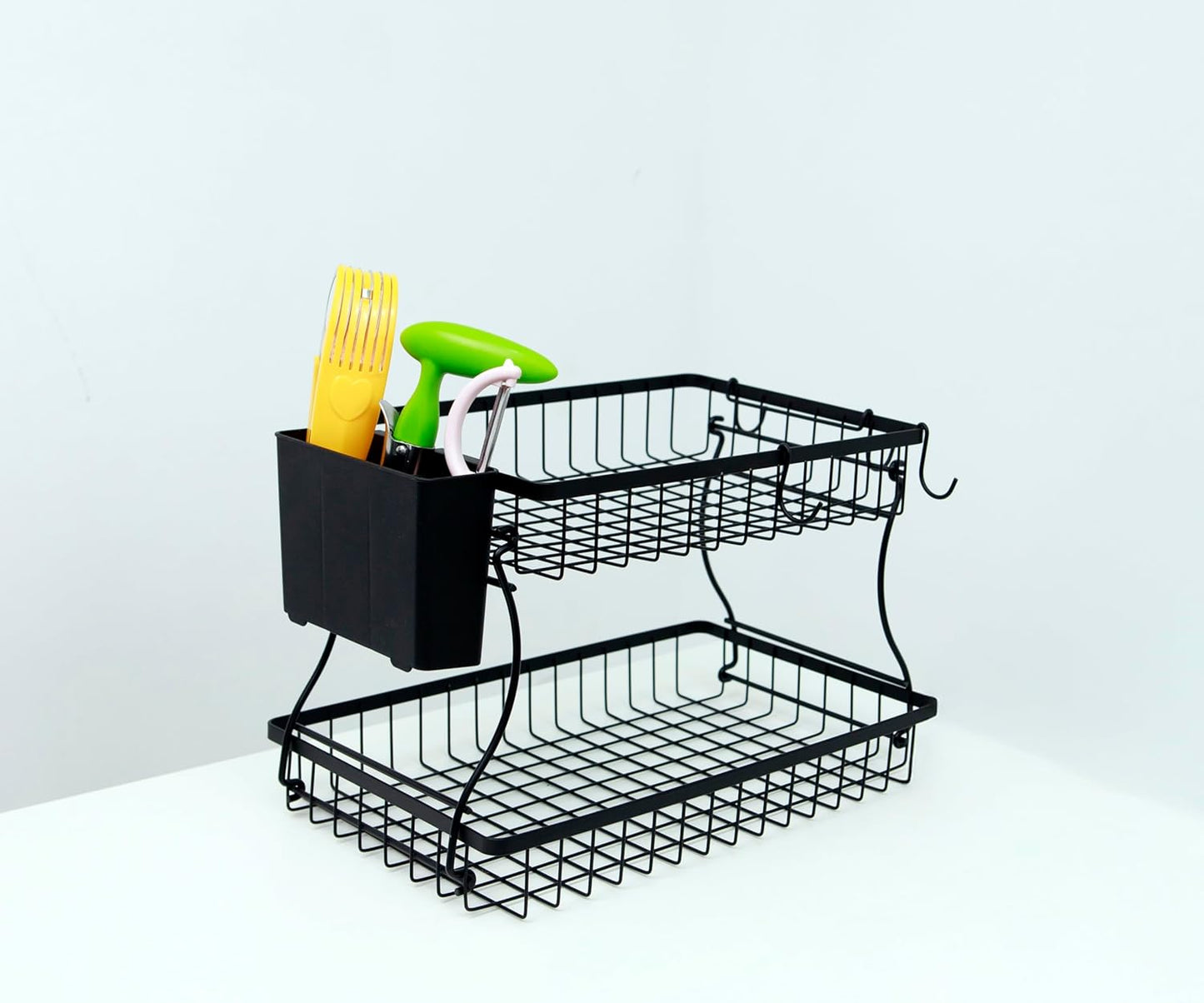 2 Tier Fruit Basket with Banana Hanger & Utensil Pocket – Metal Kitchen Counter Organizer for Fruits, Vegetables, Bread & Snacks + 3 Tools (Apple Corer, Banana Slicer, Peeler) – Perfect for Kitchen