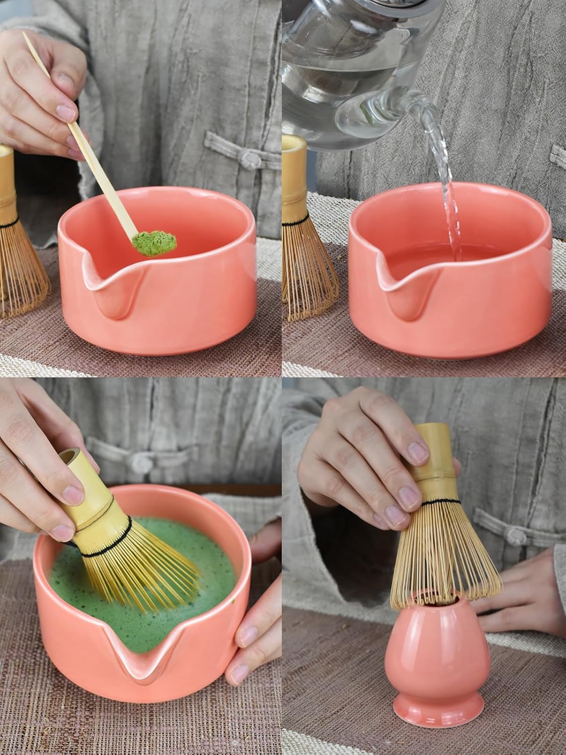 Artcome 4 Pcs Complete Matcha Ceremony Kit - Japanese Bowl With Pouring Spout, Whisk, Holder, Scoop - Tea Set for Making Usucha, Koicha and Latte (Green)