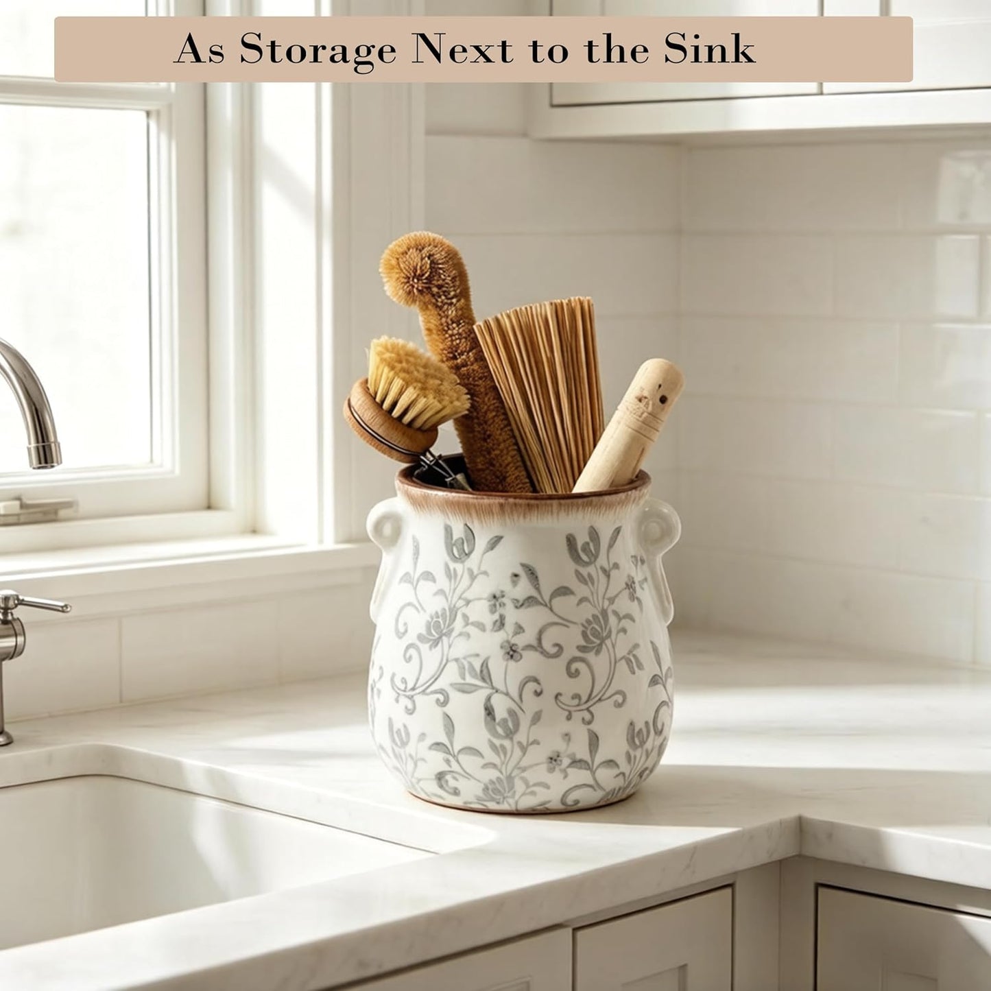 Utensil Holder for Kitchen Counter, Modern Farmhouse Rustic Cooking Utensil Holder and Crock, Exquisite Chinoiserie Floral Ceramic Utensil Organizer for Home Kitchen Decor- Green and Beige