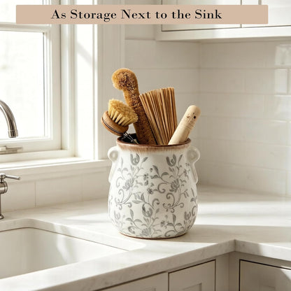 Utensil Holder for Kitchen Counter, Modern Farmhouse Rustic Cooking Utensil Holder and Crock, Exquisite Chinoiserie Floral Ceramic Utensil Organizer for Home Kitchen Decor- Green and Beige