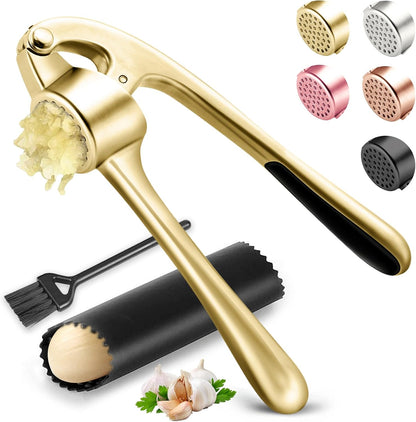 Kitchen Garlic Press, Rust Proof & Dishwasher Safe Garlic Mincer, Durable Garlic Crusher Set with Peeler＆Brush, Easy to Clean and Squeeze, Matte