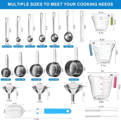 Measuring Cups and Spoons Set 22 Piece, 11 Stainless Steel Nesting Measuring Spoons and Cups with 4 Plastic Measuring Cup, 3 Funnel, 3 Brush, 1 Ruler, Measuring Cup Set for Kitchen Baking Liquid Dry