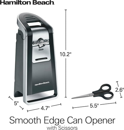 Hamilton Beach Smooth Edge Electric Automatic Can Opener for Kitchen with Easy Push Down Lever, Extra Tall, Includes Stainless Steel Scissors, Black and Chrome (76607)
